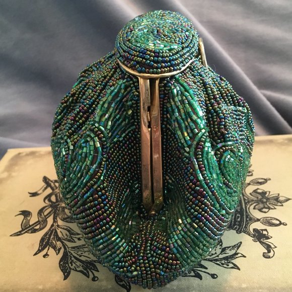 VINTAGE Green Beaded Mini Bag Shoulder Crossbody Clutch Convertible - Picture 4 of 16
